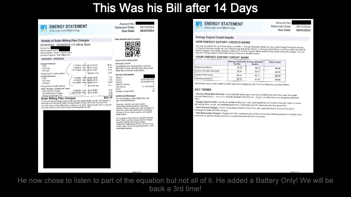 Utility bill showing solar energy statement and energy export credit details after 14 days, highlighting partial battery-only upgrade and ongoing solar system issues.