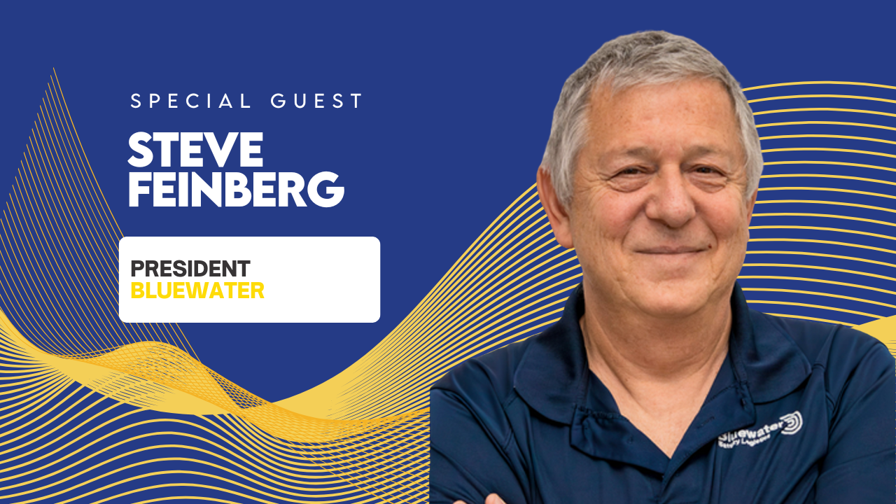 Solar Coaster Podcast guest Steve Feinberg, President of Sweetwater, featured in a promotional graphic with blue and yellow wave design.